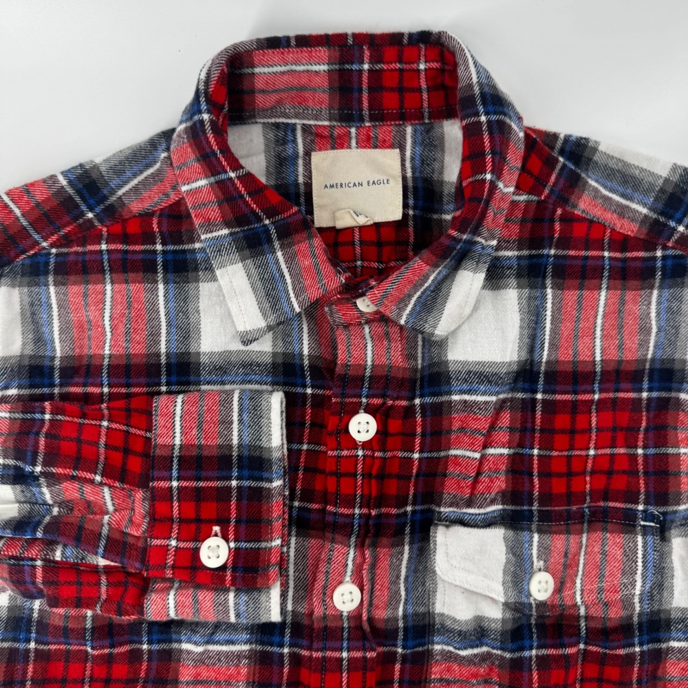 American Eagle Mens Red Plaid Flannel Button Down Shirt Long Sleeve Size M